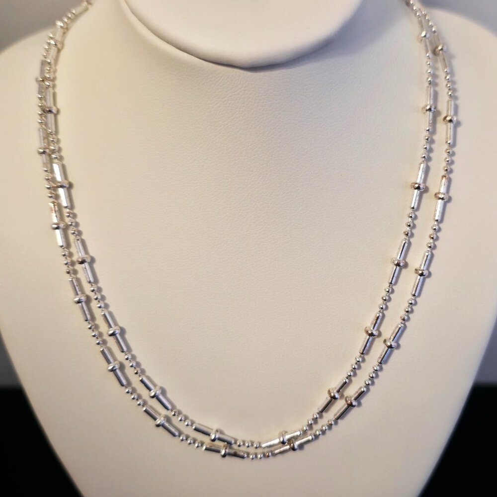 Sterling Silver Mini Bar Ball Link 2-Tier Necklace - Picture 4 of 12